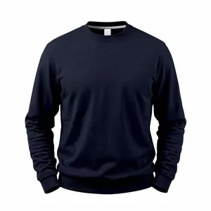 Detailed front view of a navy blue men's basic crewneck sweatshirt with ribbed cuffs