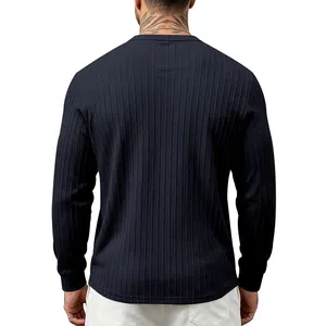 Back view of men's navy blue vertical ribbed long sleeve textured casual T-shirt