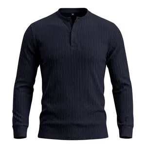 Navy blue long sleeve men's Henley shirt with premium vertical cable knit texture