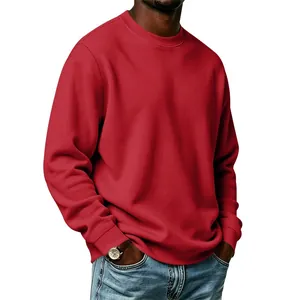 Professional view of a men's basic red crewneck sweatshirt with ribbed cuffs and hem.