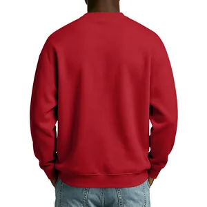 Back view of men's classic red crewneck fleece sweatshirt with ribbed hem detail