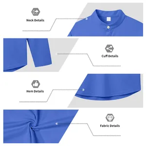 Detalles del cuello, puños, dobladillo y tejido de la camisa Henley azul de manga larga para hombre