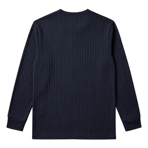 Back view of navy men's long sleeve T-shirt with vertical ribbed texture detail