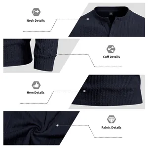 Detailed views of the neck, cuff, hem, and textured fabric of a men's Henley shirt