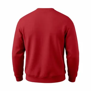 Detail back view of a solid red crew neck sweatshirt for men with soft fleece texture.