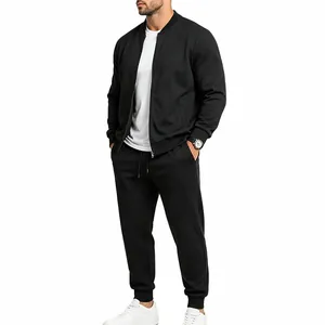 Schwarzer Herren-Trainingsanzug Set mit Baseball-Kragen Jacke und Jogginghose