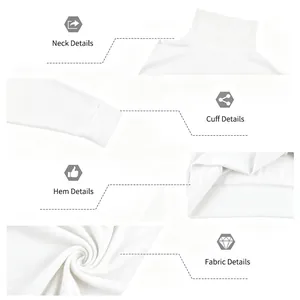 Detailed views of the neck, cuff, hem, and fabric texture of a men's white turtleneck shirt