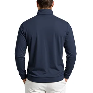 Detailed back view of navy blue men's mock neck slim fit long-sleeve base layer
