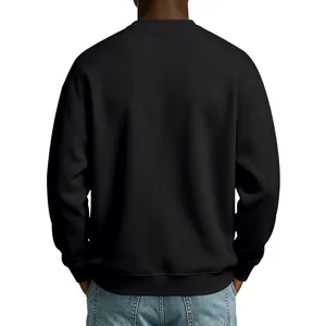 Back view of a men's basic black crewneck fleece sweatshirt with a comfortable loose fit