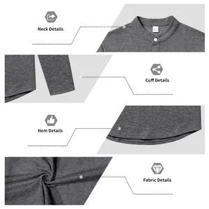 Detalles de la camiseta Henley para hombre que muestran cuello, puños y dobladillo.