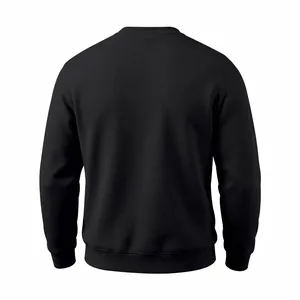 Back view of a plain black men's crewneck fleece sweatshirt with ribbed cuffs and hem