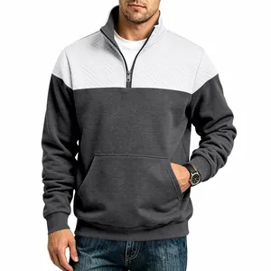 Heavyweight men's color-block sweatshirt featuring half-zip stand collar and jacquard texture
