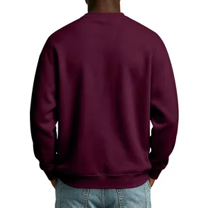 Professional back view of a men's burgundy crewneck fleece sweatshirt with loose fit