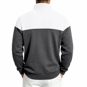 Detailed back view of men's heavyweight color-block sweatshirt featuring quilted shoulders.