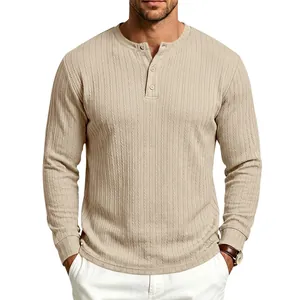 Detail shot of men's Henley shirt with vertical cable knit texture and button placket