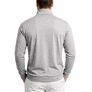 Detailed back view of a men's slim fit grey long sleeve turtleneck pullover base layer