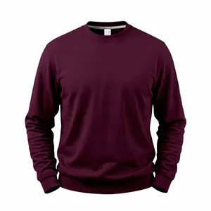Detail of a classic burgundy men's crewneck sweatshirt with ribbed cuffs and hem.
