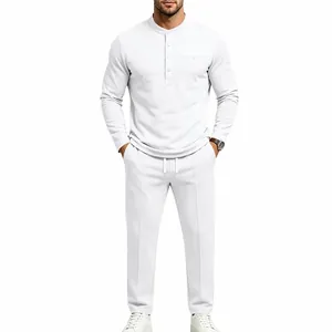 Conjunto casual de dos piezas para hombre con camisa Henley de manga larga y pantalón