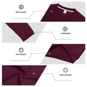 Detailed close-up view of burgundy fleece sweatshirt neck, cuffs, hem and fabric texture