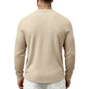 Back view of men's beige vertical ribbed texture long sleeve casual Henley shirt