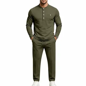 Conjunto casual de 2 piezas para hombre con camisa Henley de manga larga y pantalón