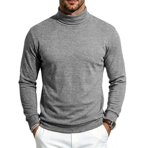 Detail shot showing the texture of a men's grey slim-fit turtleneck long-sleeve base layer shirt.