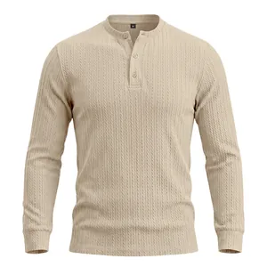 Beige men's textured vertical striped long sleeve Henley shirt with button front detail