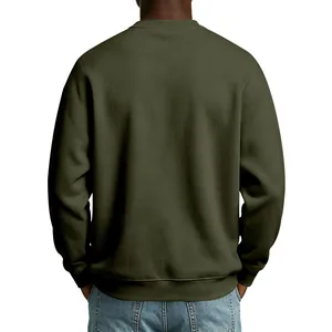 Back view of a minimalist olive green crewneck fleece sweatshirt for men in a loose fit