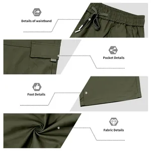 Detailed close-ups of olive green cargo pants waistband, pockets and fabric texture