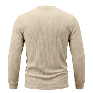 Back view of men's beige long-sleeve T-shirt featuring vertical textured cable knit design.