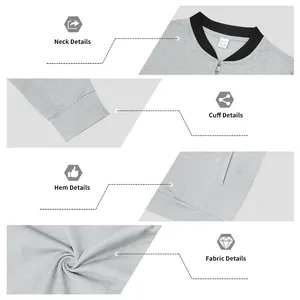 Detailansichten der grauen Baseballjacke mit Hals-, Manschetten- und Stoffstruktur