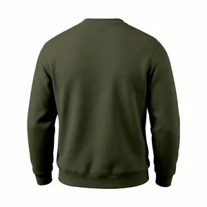 Full back view of a classic olive green crew neck sweatshirt with ribbed hem and cuffs.