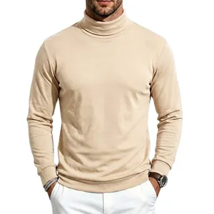 High-quality detail of a men's beige slim fit turtleneck long sleeve thermal top