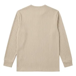 Back view of a beige men's long-sleeve T-shirt with vertical ribbed texture detail.