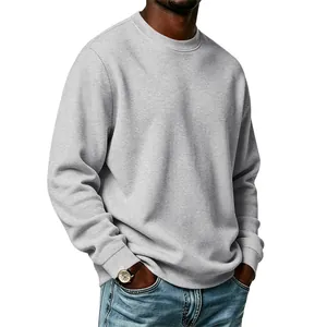 Close-up of a men's grey crew-neck fleece sweatshirt with high-quality fabric texture.