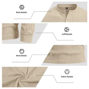 Detailed macro view of men's vertical stripe textured Henley shirt craftsmanship
