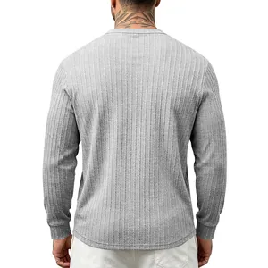 Back view of men's grey vertical ribbed texture long sleeve casual shirt detail
