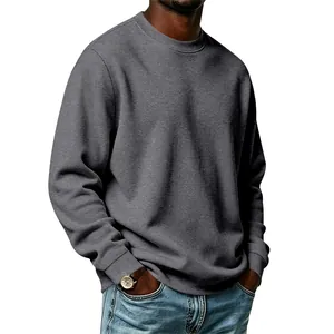 Detail of men's dark grey fleece sweatshirt with a comfortable crew neck and loose fit
