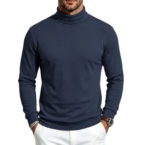 Classic men's business casual slim fit turtleneck long sleeve t-shirt in navy blue