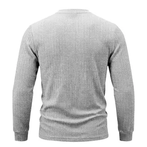 Detailed back view of a men's gray long sleeve T-shirt with vertical ribbed texture.