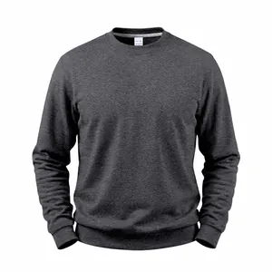 Front view of a men's charcoal grey crewneck sweatshirt with ribbed cuffs and hem