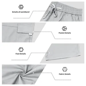 Detail shots of men's cargo pants showing waistband, pockets and fabric texture.