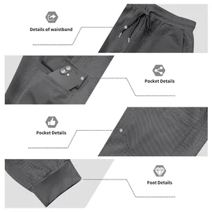 Details of men's grey waffle knit joggers including waistband, pockets, and cuffs