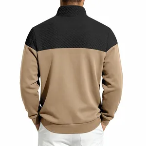 Detailed back view of men's two-tone quilted sweatshirt with stand collar design