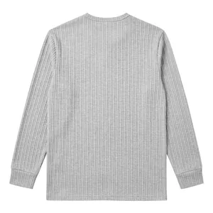 Detailed back view of a grey vertical ribbed long-sleeved casual Henley t-shirt for men