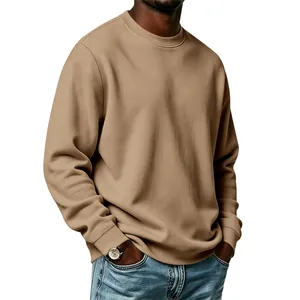 Detail view of khaki men's crewneck sweatshirt with ribbed cuffs and soft texture