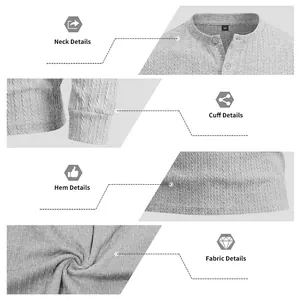 Detail views of men's grey Henley shirt showing neck, cuffs, hem, and textured fabric