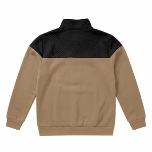 Detailed back view of men's quilted mock neck sweatshirt with contrast patchwork
