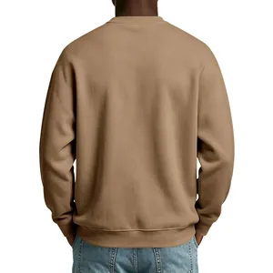 Back view of a khaki men's fleece crewneck sweatshirt in a comfortable loose fit style.