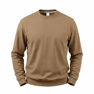 Close-up view of a khaki fleece crewneck sweatshirt for men in a relaxed fit style.